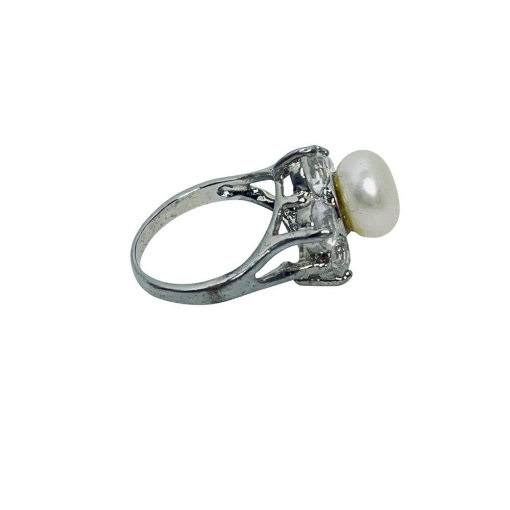 Silver Tone Clear Rhinestones And Faux Pearl Floral Statement Ring Size 6 (R448) - Picture 6 of 8